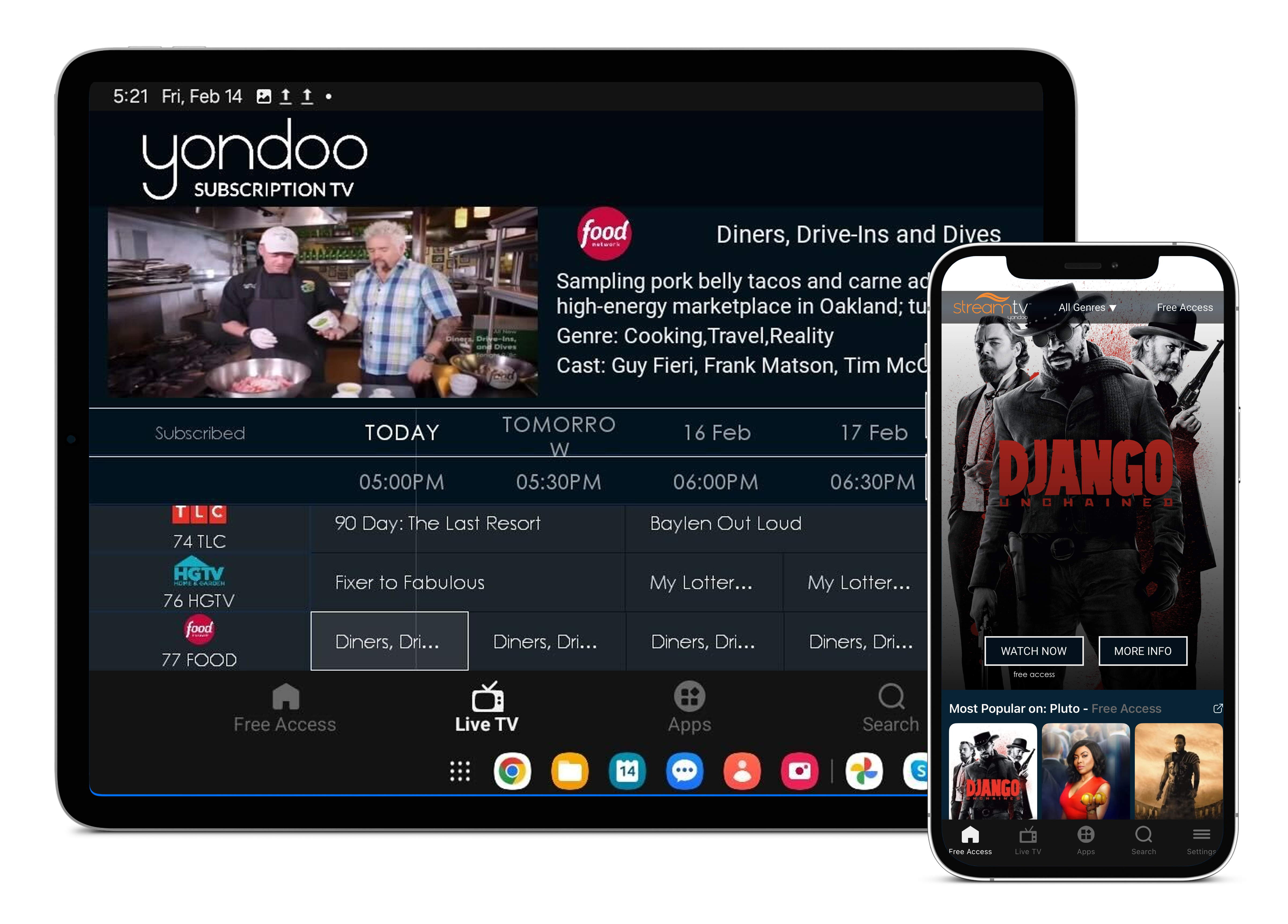 tablet and phone showing yondoo subscription tv and yondoo stream tv
